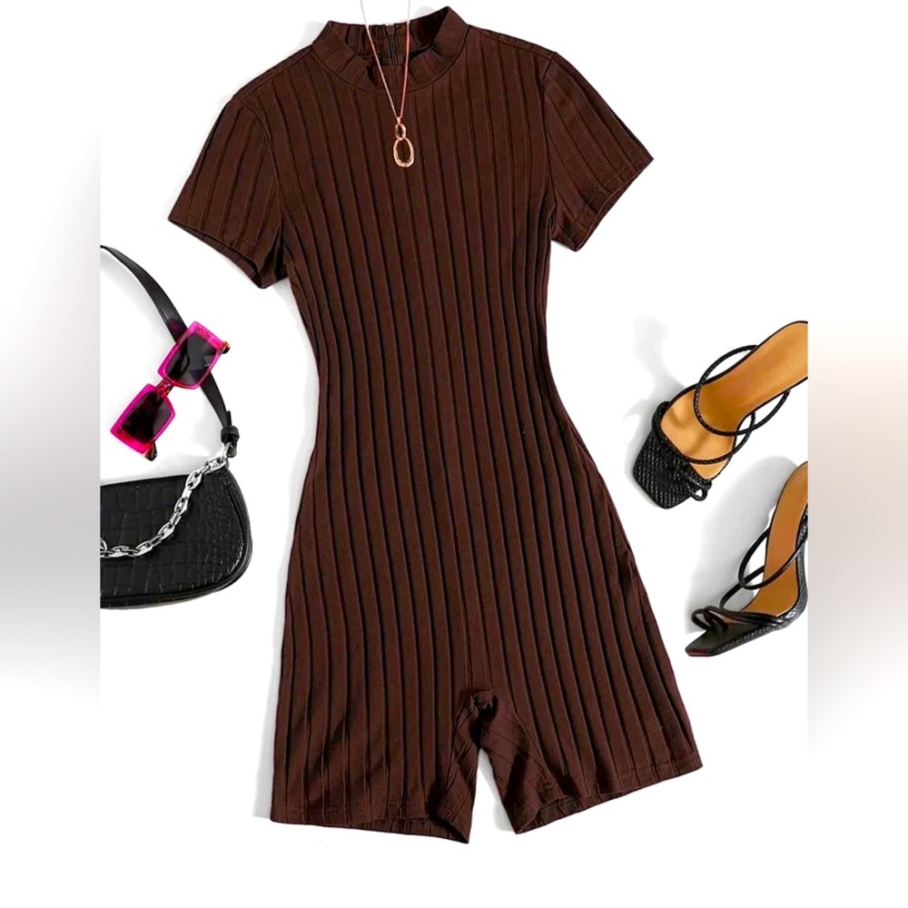 Mock Neck Rib-Knit Unitard Romper